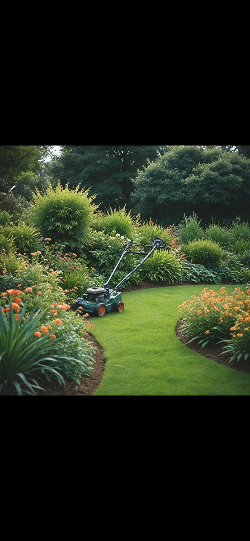 Gepflegter Garten und Rasenmäher